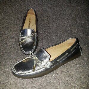 LA CANADIENNE-Gold Leather Driving-Boat Shoes-Loafers-Ballet Flats-Sz37-6.5-NWOB